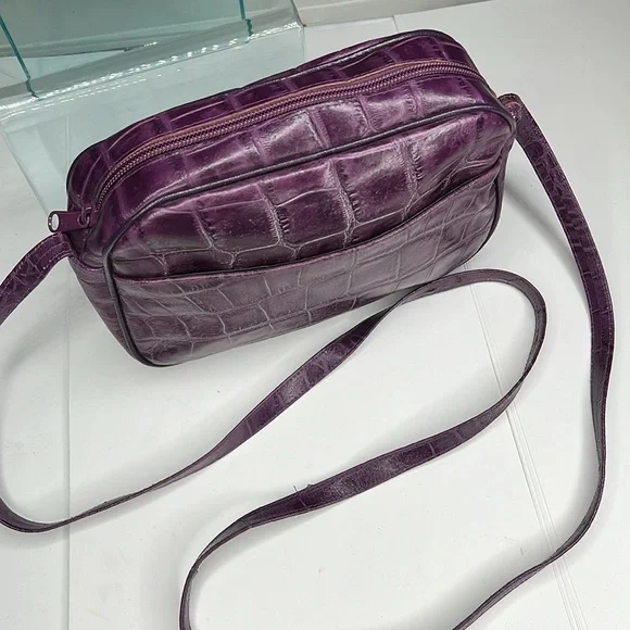 Purple Croc Embossed Leather Made in Italy Shoulder Crossbody Bag - Picture 3 of 14